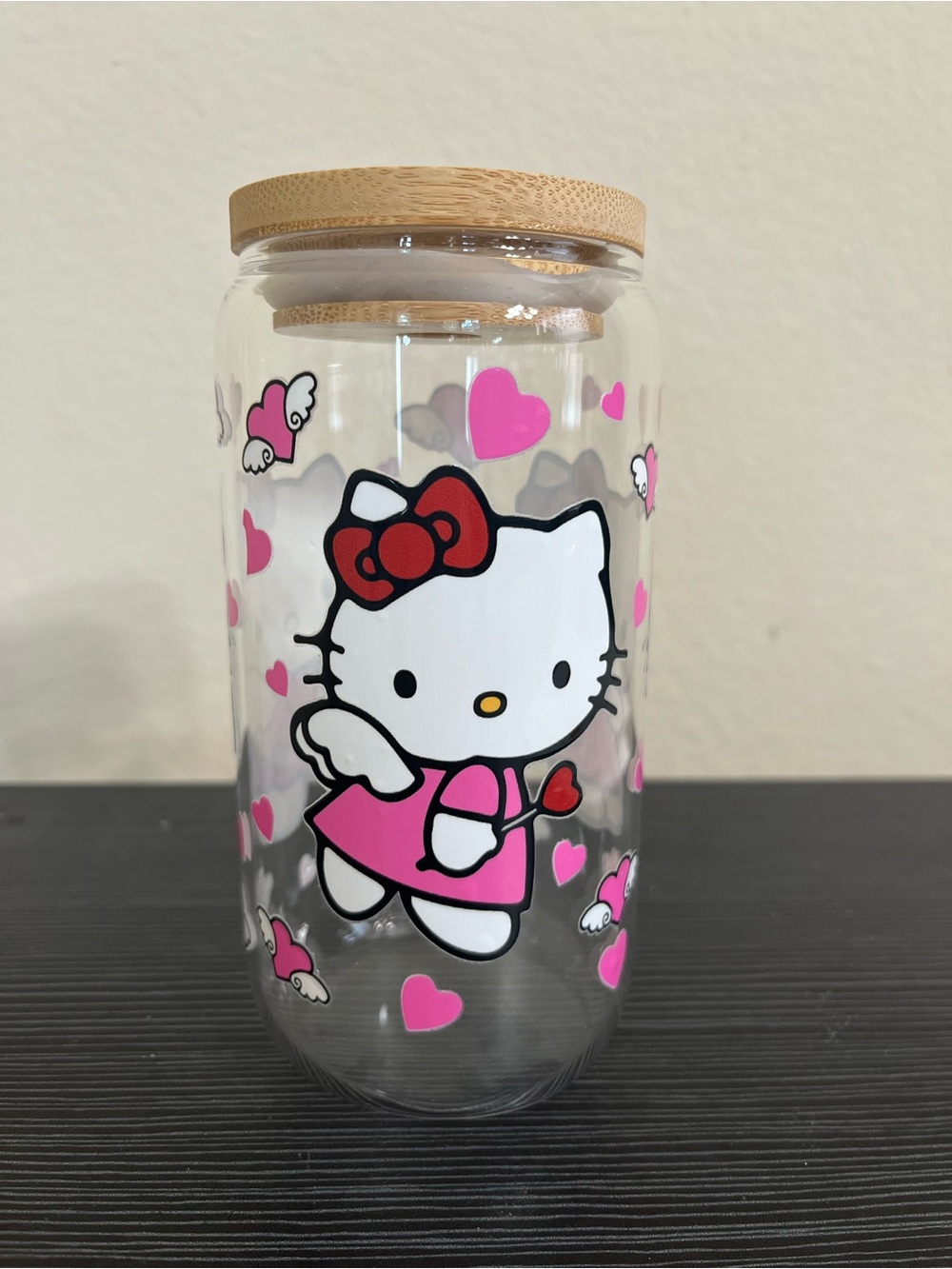 Hello Kitty character Drinking Jar with bamboo lid and reusable straw 16oz